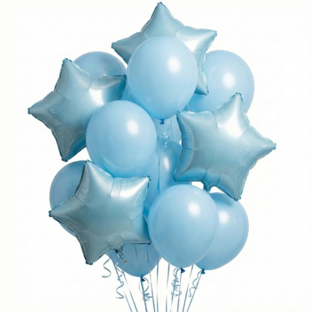 Dekorační buket světle modrých balónků s hvězdami pro narozeninovou nebo baby shower oslavu