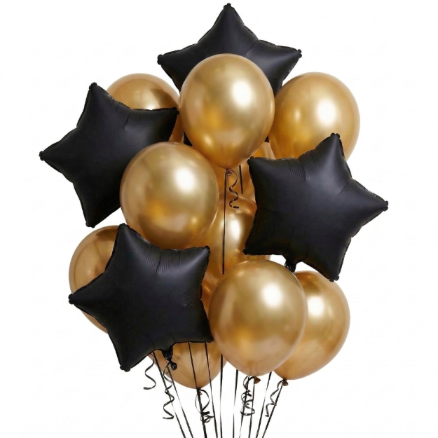 Balonkový buket zlatých balónků s černými hvězdami