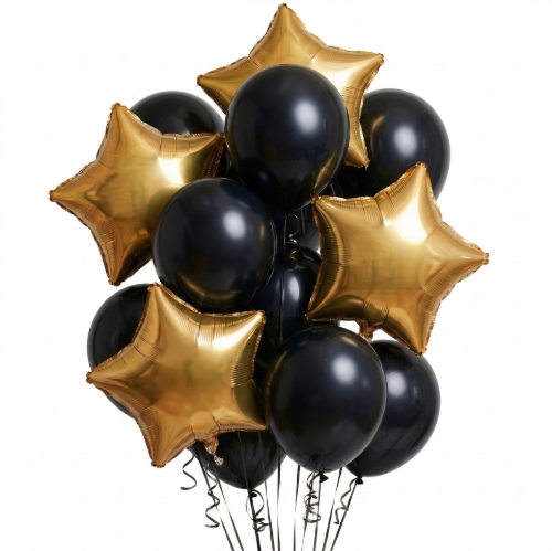 Levně Balonkový buket černý se zlatými hvězdami – 14 ks