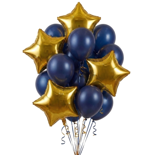 Levně Balonkový buket tmavě modrý se zlatými hvězdami – 14 ks