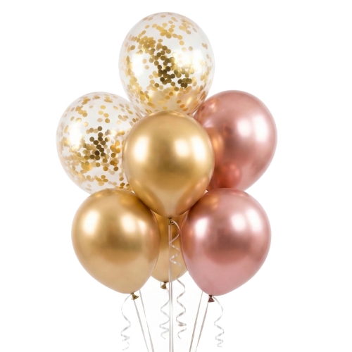Levně Balonkový buket rose gold a zlatý s konfetami – 7 ks