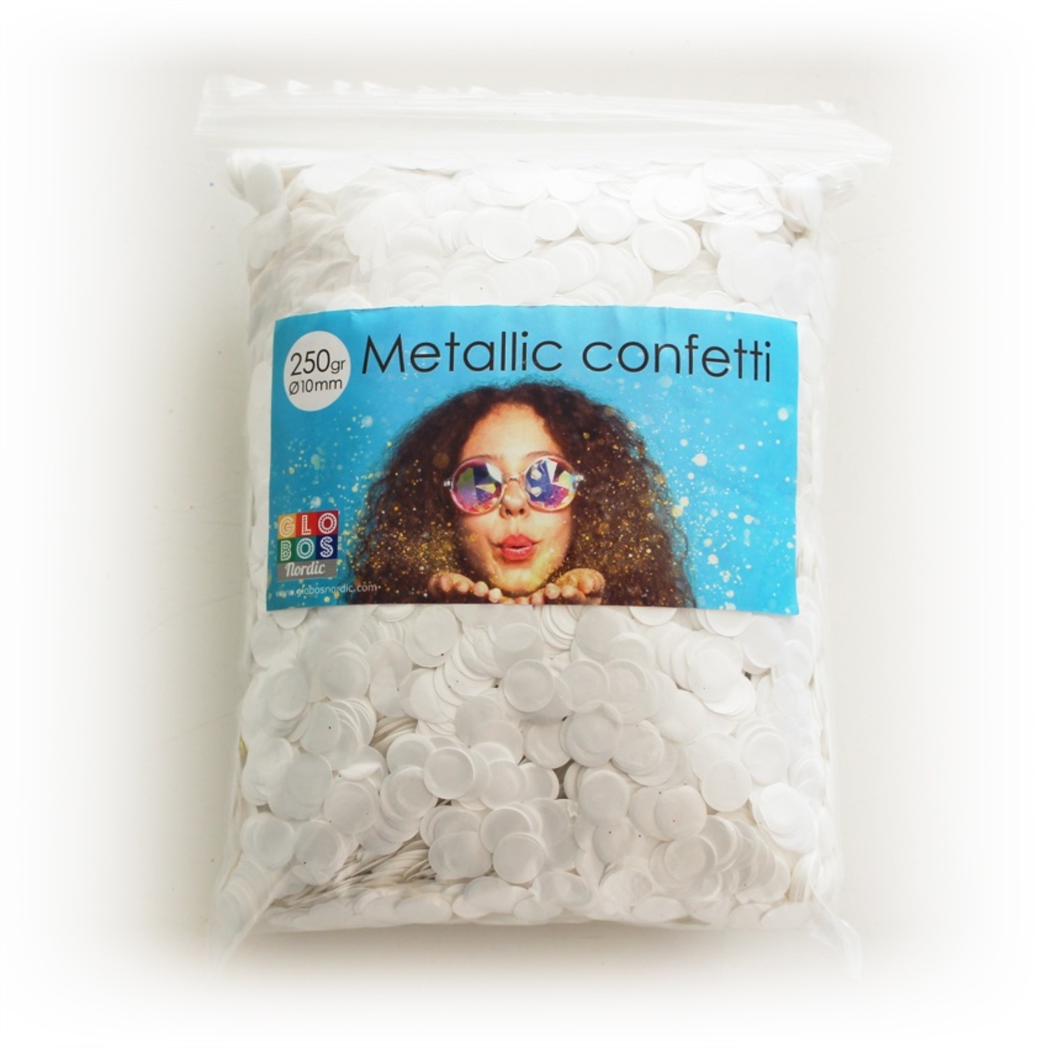 Levně Metalické konfety kolečka bílé 10 mm – 250 g