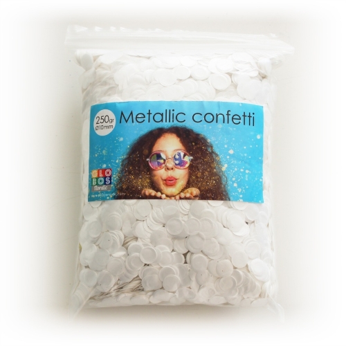 Levně Metalické konfety kolečka bílé 10 mm – 250 g