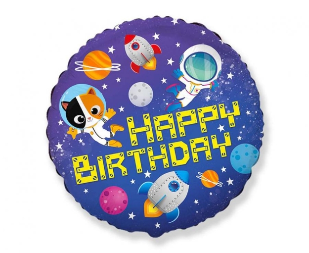 Fóliový balonek Happy Birthday s kočkou astronautem 45 cm