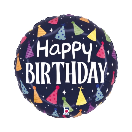 Balonek Happy Birthday tmavě modrý s barevnými čepičkami na oslavu