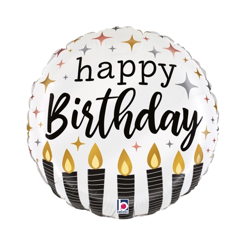 Levně Fóliový balonek Happy Birthday svíčky černobílý 45 cm (18")