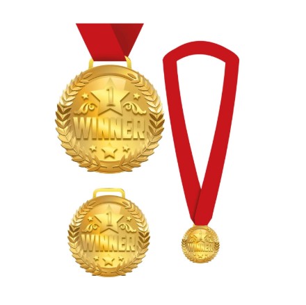 Zlatá medaile Winner s červenou stuhou na bílém pozadí