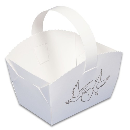Papírový košíček na svatební koláčky s holubičkami a ouškem bílý 9 × 6 × 6 cm, 50 ks