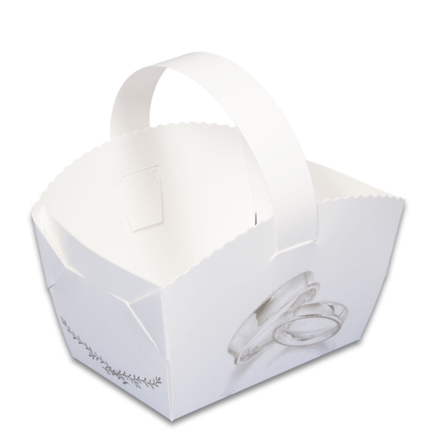 Levně Papírový košíček na svatební koláčky s prstýnky a ouškem bílý 9 × 6 × 6 cm, 50 ks