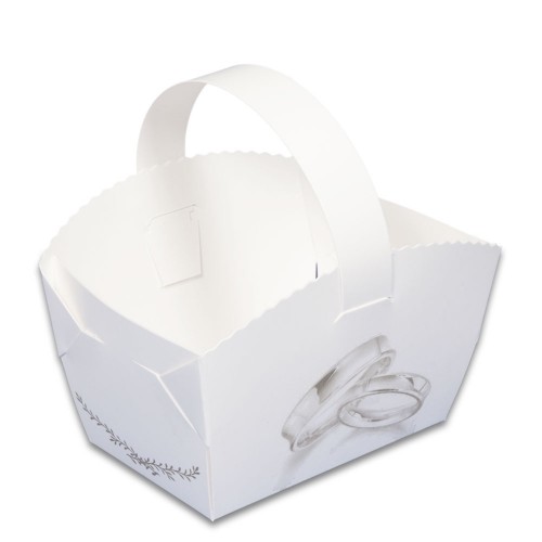 Papírový košíček na svatební koláčky s prstýnky a ouškem bílý 9 × 6 × 6 cm, 50 ks