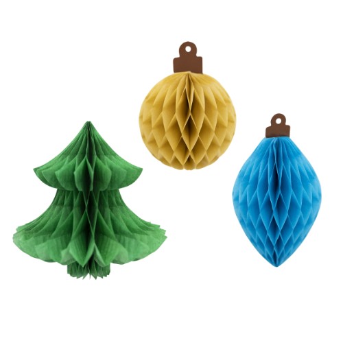 Vánoční honeycomb rozety stromeček s ozdobami 3 ks 12, 14 a 16 cm