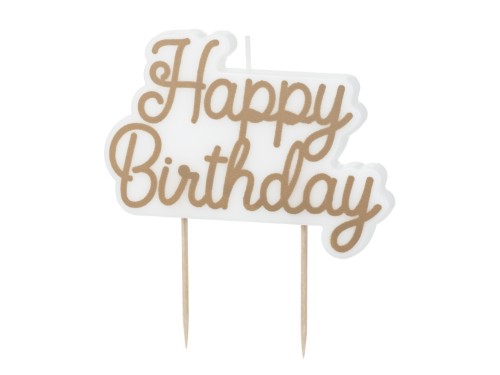Levně Svíčka na dort Happy Birthday zlatá, white gold, 7,5 x 10 cm