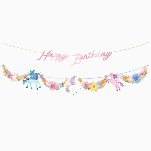 Levně Dvojitá girlanda Happy Birthday Jednorožec Romantic – 3,1 m
