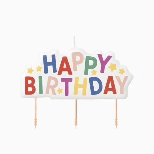 Levně Dortová svíčka Happy Birthday barevná – 9,3 cm