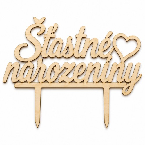 Levně Dřevěný zápich na dort Šťastné narozeniny – 9,5 × 5,5 cm