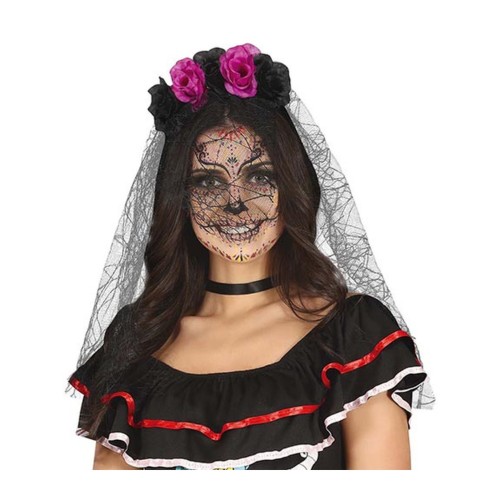 Čelenka s černofialovými květy a závojem Dia de los Muertos