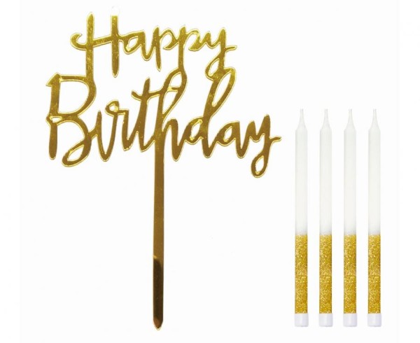 Sada dekorací na dort Happy Birthday – zlatý zápich a 4 svíčky
