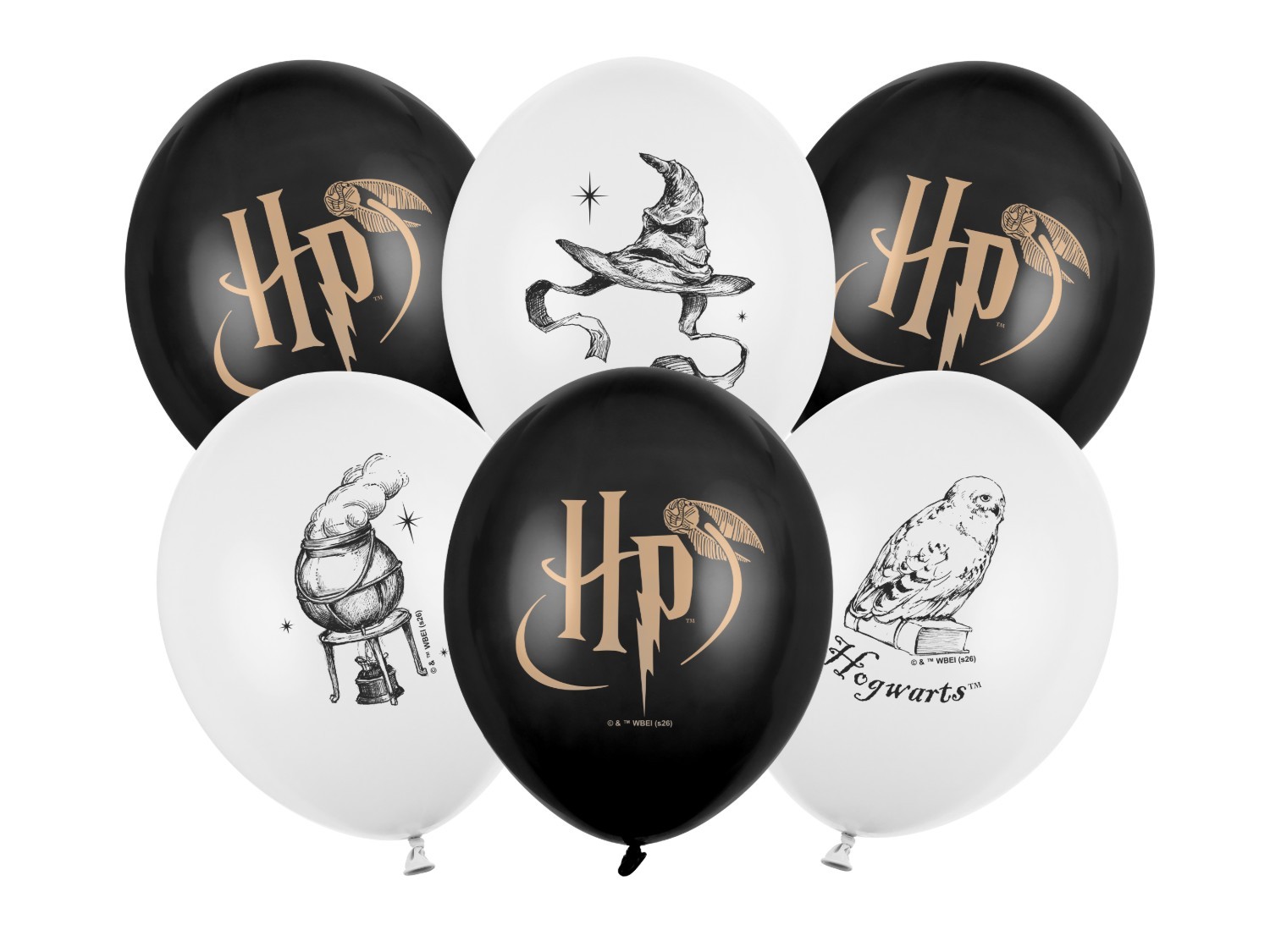 Levně Latexové balónky Harry Potter černé a bílé s potiskem – 6 ks, 30 cm