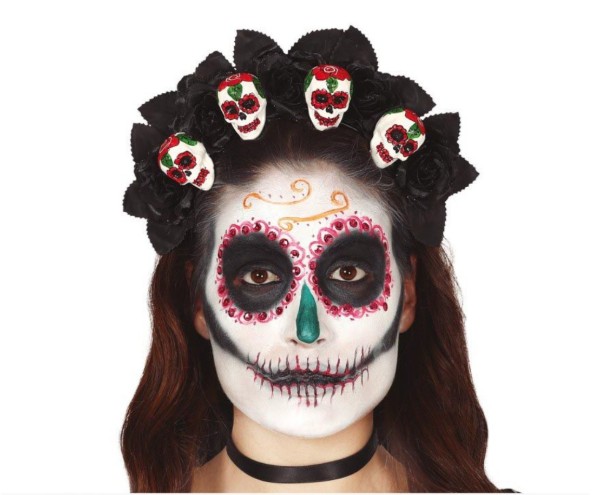 Čelenka s černými růžemi a lebkami – Día de los Muertos