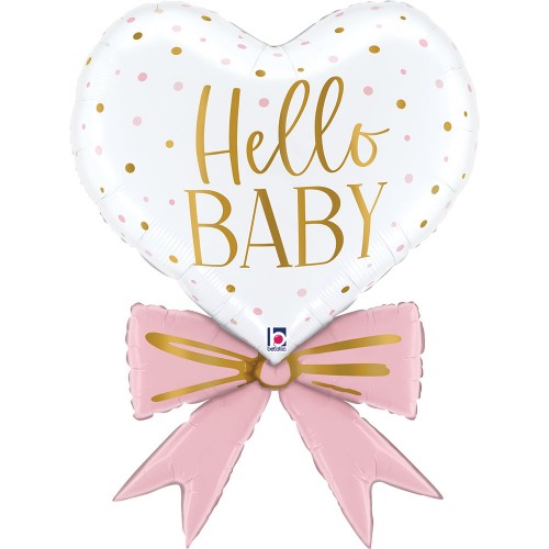 Foliový balonek Hello Baby srdce s růžovou mašlí – 77 cm