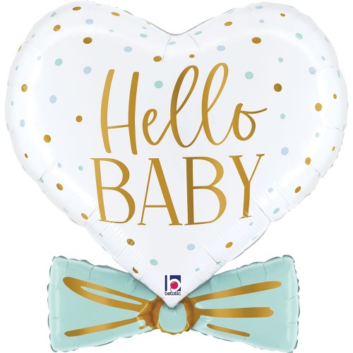 Foliový balonek Hello Baby srdce s modrou mašlí – 74 cm
