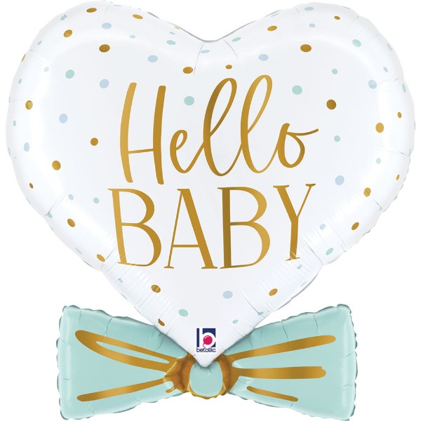 Foliový balonek Hello Baby srdce s modrou mašlí – 74 cm